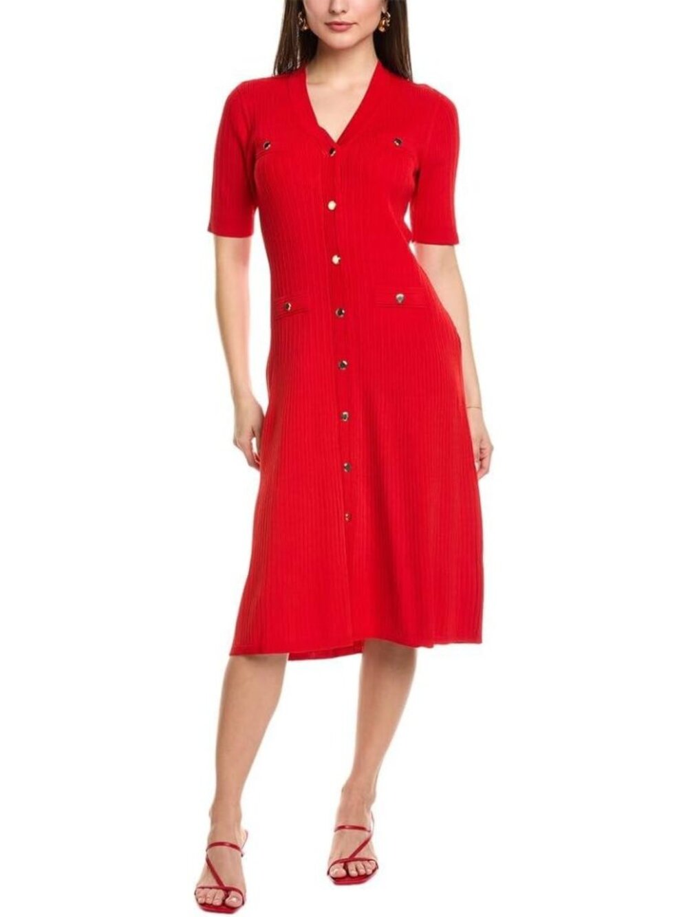 Anne Klein Ribbed Button-Front A-Line Dress~Size Large~Red Elbow Sleeve NWT L902